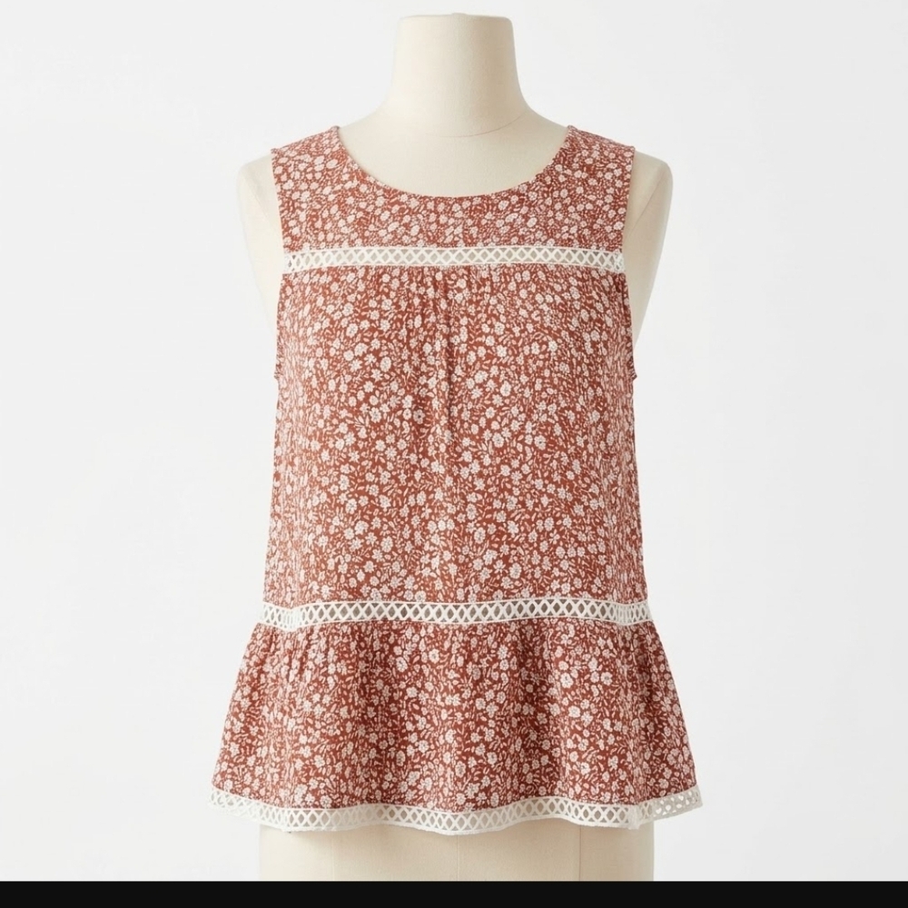 Maeve Anthropologie Floral Crochet Trim Split Back Tank Top Terracotta XS